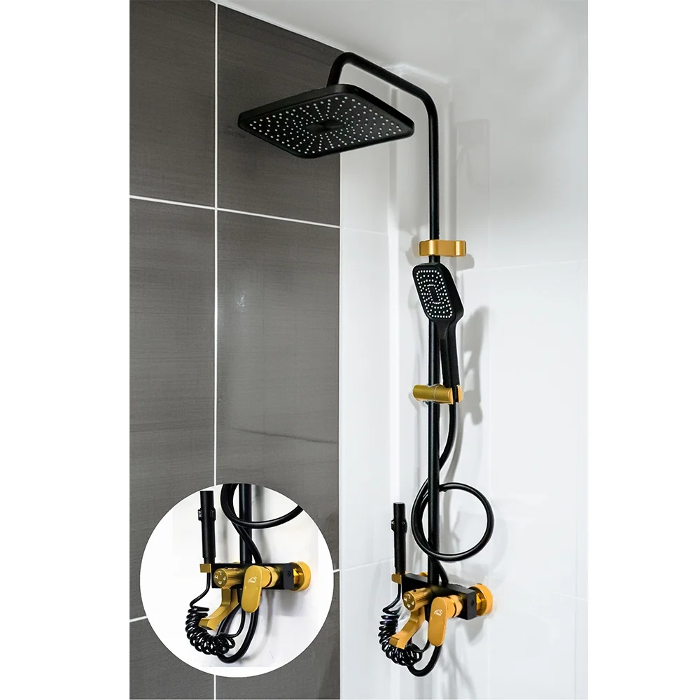4 Way Aluminium Shower Mixer - Champagne Gold & Black