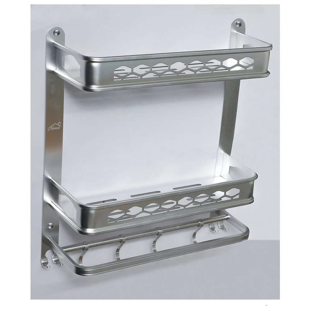Aluminium Double Shelf with 8 hooks + Towel Bar - 40cm