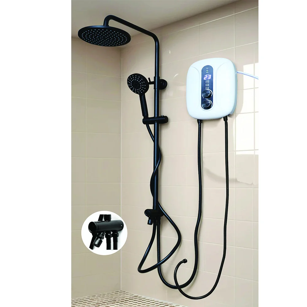 3 Way Single Shower with Instant Shower Heater with Inbuilt Pump - Black