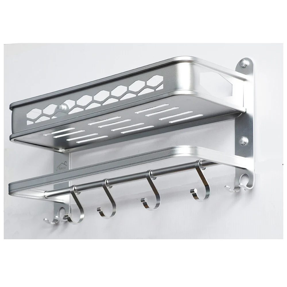 Aluminium Single Shelf with 8 Hooks + Towel Bar - 40cm