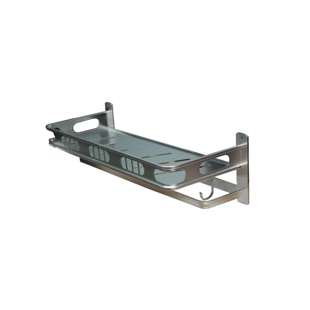 Aluminum Shelf 60x18cm with Towel Bar + Hooks - Silver