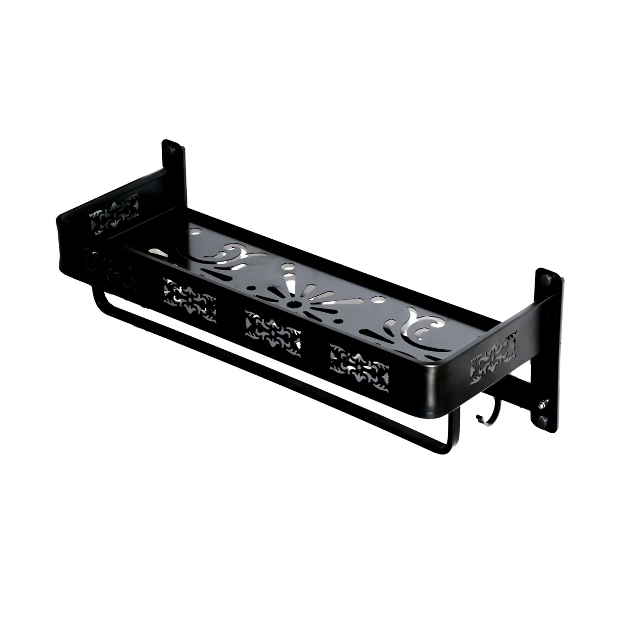 Aluminum Shelf 60x18cm with Towel Bar + Hooks - Black